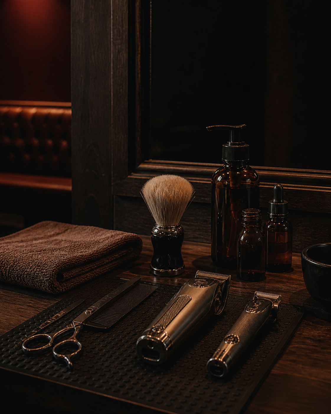 Bancada preparada com ferramentas de barbearia